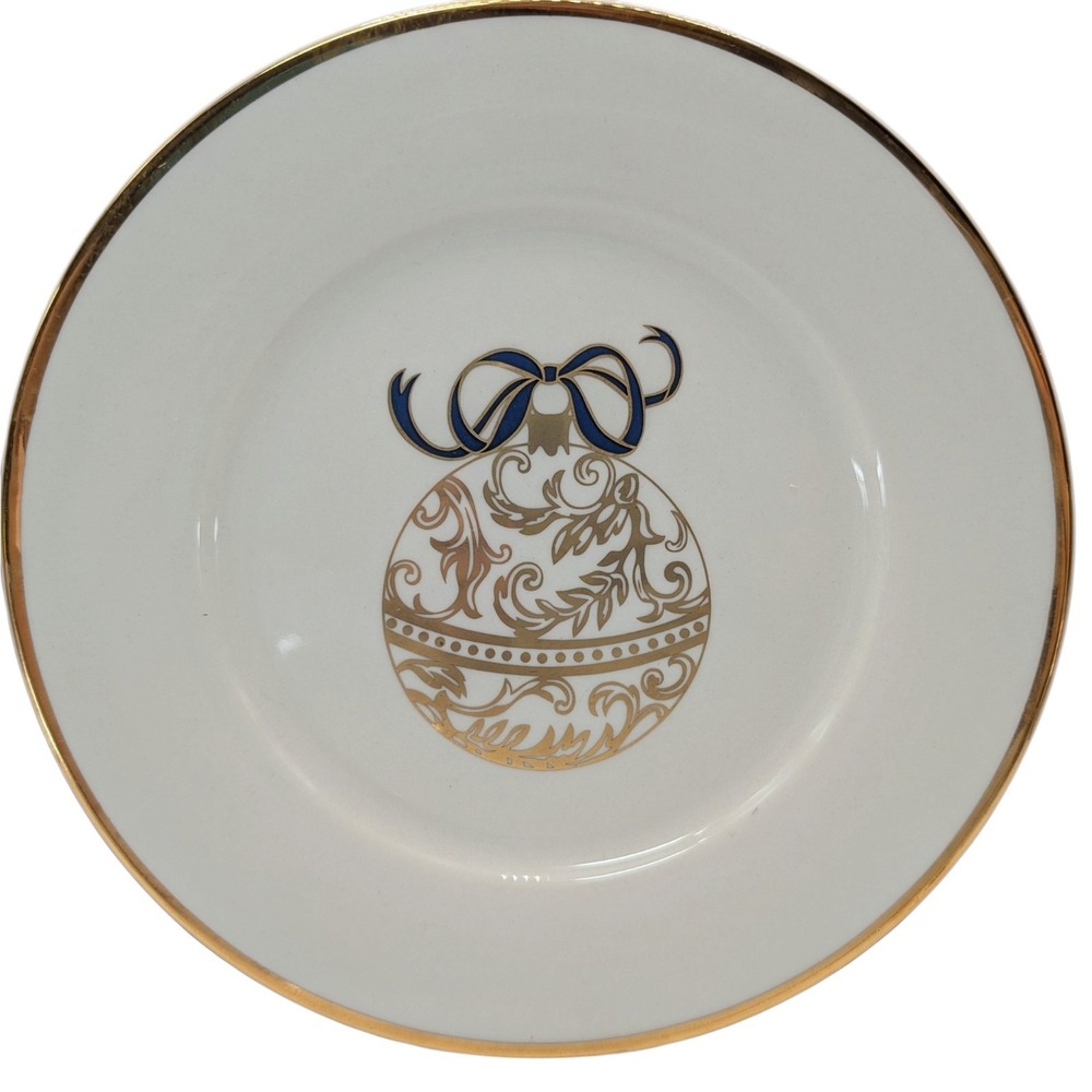 Pier One Christmas Dessert Plate Ornament Blue Bow Gold Trim Vintage Holiday